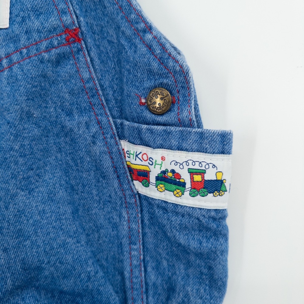 Vintage 90s OshKosh B'gosh Denim Bubble Overalls Baby 12M Train Vestbak Romper - Picture 10 of 10